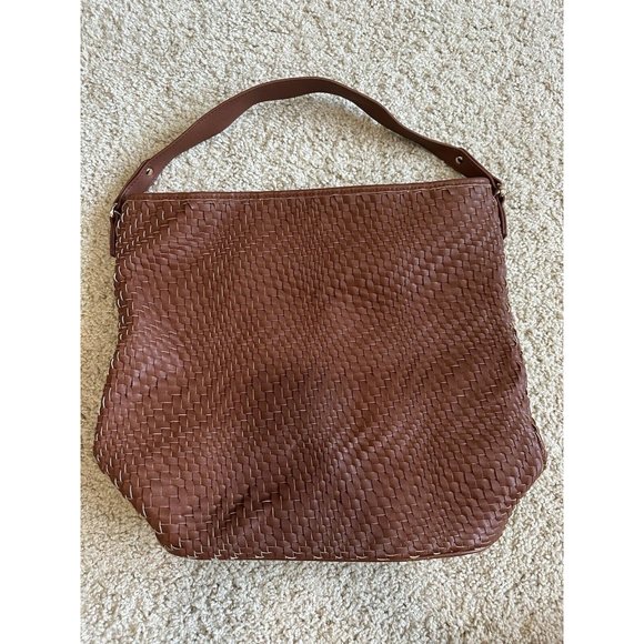Large Deux Lux Woven Leather Hobo Handbag Purse Tote Brown Textured Work School - Picture 1 of 9